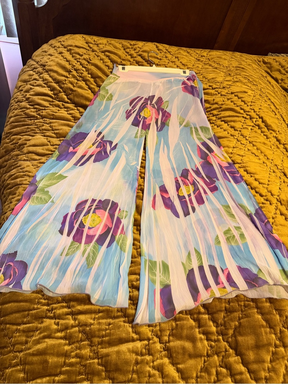 Wide-Leg Floral Print Pleated Pants - Blue & Purple